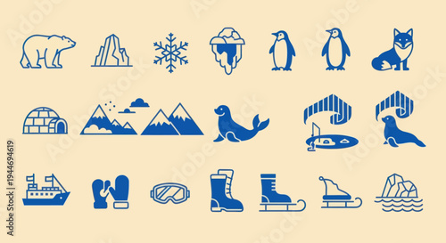 Arctic and Antarctic Icons Set: Polar Animals, Iceberg, Snowflakes, Winter Gear