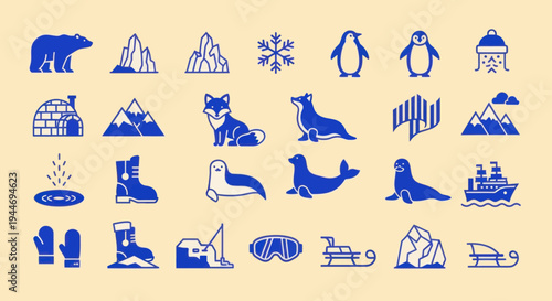 Arctic and Antarctic Icons: Animals, Nature, and Winter Elements Set