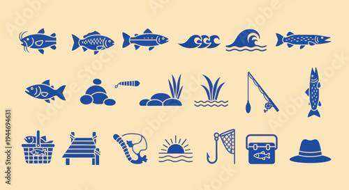 Fishing Icons Set: Fish, Rod, Net, Hat, Basket, Waves, Sunrise, Dock, Lure