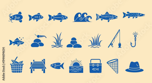 Fishing Icon Set: Fish, Rod, Hook, Boat, Tackle Box, Hat, Basket, Net, Waves