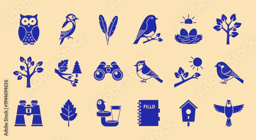 Set of blue bird icons and nature symbols on beige background