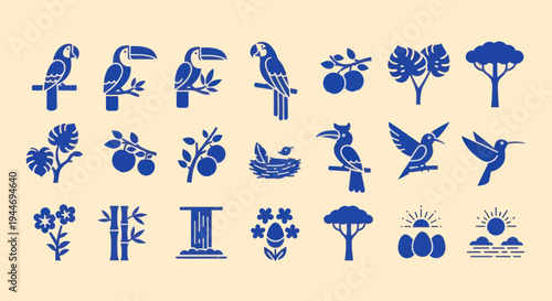 Tropical Birds, Trees, and Fruit Icons: Jungle Wildlife and Nature Collection