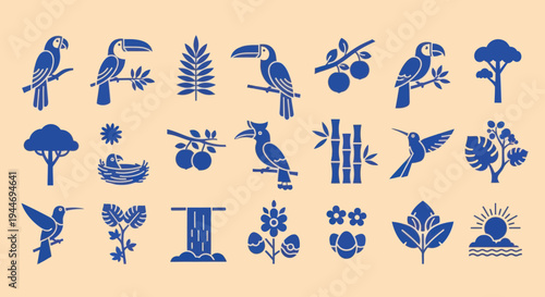 Tropical Nature Icons: Toucans, Parrots, Hummingbirds, Plants, Waterfall
