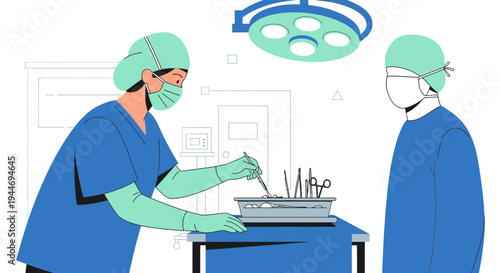 Surgeons in operating room preparing for surgery with medical instruments