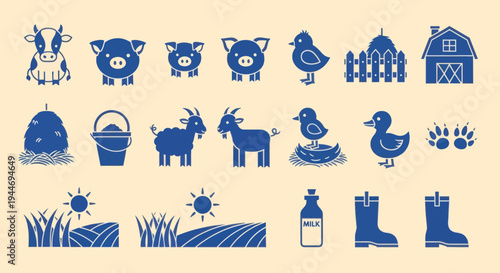 Farm Animal Icons: Cow, Pig, Chick, Duck, Goat, Barn, Hay, Boots, Milk