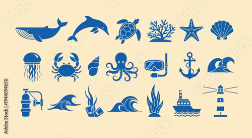 Ocean Life Icons: Marine Animals, Sea Creatures, and Nautical Symbols