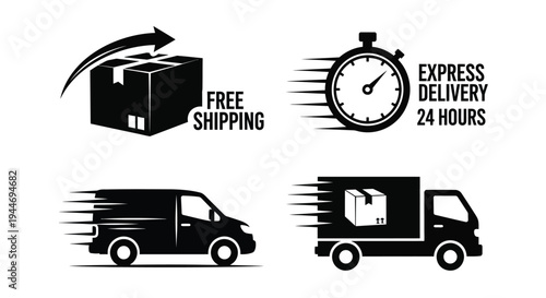 Express delivery icons with boxes van and clock a silhouette