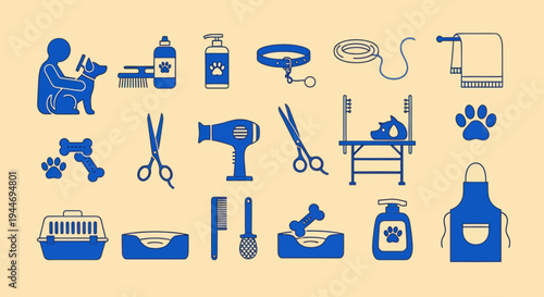 Dog Grooming Icons Set: Collection of blue pet care symbols on a light yellow background.
