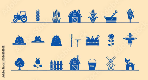 Farm Icons: Tractor, Barn, Wheat, Scarecrow, Chicken, Vegetables, and more