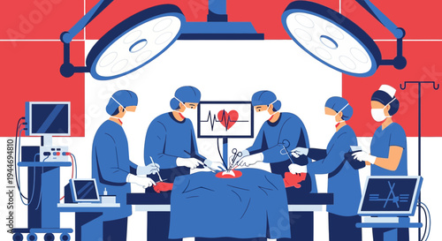 Surgeons Performing Heart Surgery in Operating Room with Medical Equipment