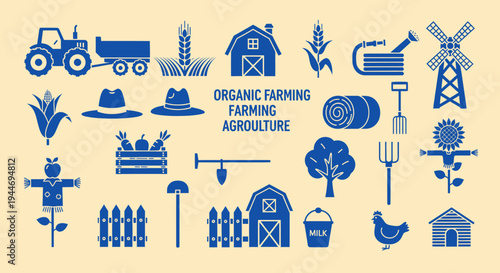 Organic Farming Agriculture Icons Set Blue Pixel Art Style