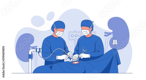 Surgeons Performing Kidney Surgery with Advanced Medical Equipment