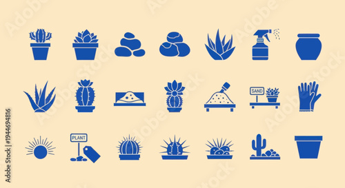 Desert Plants and Gardening Icons: Cactus, Aloe, Succulents, Tools, Pots