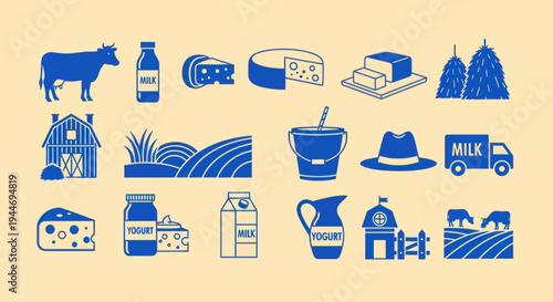 Dairy Farm Icons: Cow, Milk, Cheese, Barn, Hay, Fields, Truck, Yogurt