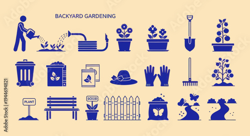 Backyard Gardening Icons - Watering, Planting, Tools, and Plants