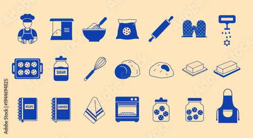Baking Icons Set: Chef, Mixer, Dough, Oven, Rolling Pin, Mittens, Cookies