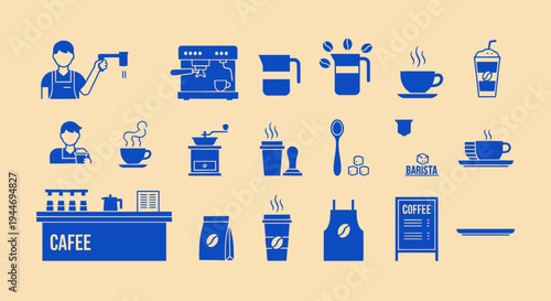 Coffee Shop Icons: Barista, Machine, Beans, Cups, Menu, Apron, Grinder