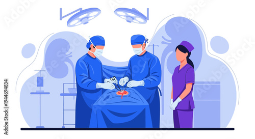 Surgeons Performing Kidney Surgery in Operating Room with Medical Team