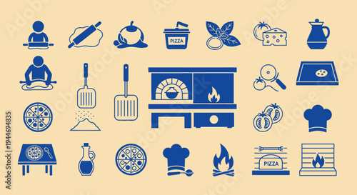 Pizza Making Icons Set: Ingredients, Tools, Oven, and Chef