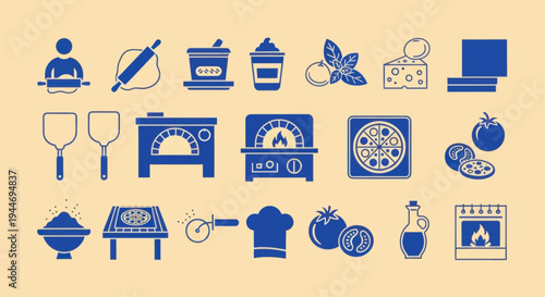 Pizza Making Icons Set: Ingredients, Tools, Oven, Chef, and Pizza