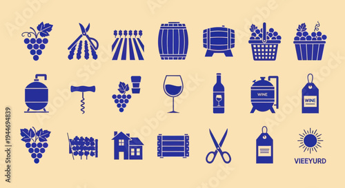 Wine Icons Collection: Grapes, Barrel, Vineyard, Bottle, Glass, Winery Equipment