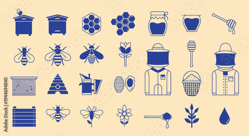 Beehive and Honey Icons: Beekeeper, Bees, Honeycomb, Honey Jar, Flower - Blue Elements