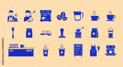 Coffee Shop Icons Set: Barista, Espresso Machine, Beans, Cups, Grinder, Apron