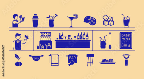 Bar and Cocktail Icons: Bartender, Drinks, and Barware Set