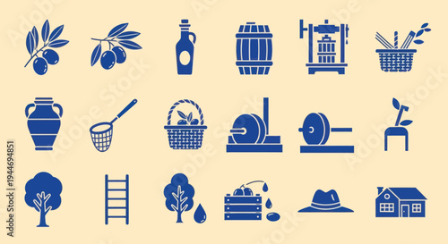 Olive Harvest and Oil Production Icons Set: Vector Illustration