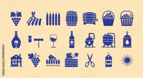 Wine Making Icons Set: Grapes, Barrels, Bottles, Winery Equipment, Tools
