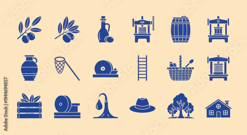 Olive Harvest and Oil Production Icons Set