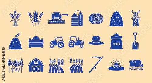 Agricultural icons set: farming, harvest, bread, tractor, wheat, barn, silo, windmill.