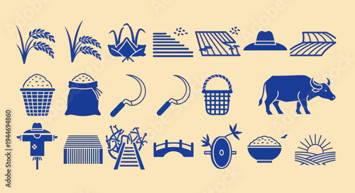 Asian Farming Icons: Rice, Buffalo, Scarecrow, Tools, and Sunrise