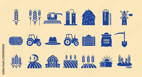 Farm Icons Set: Agriculture, Harvest, Rural Life, Farming Equipment