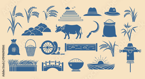 Rice Farming Icons: Harvest, Buffalo, Farmer, Bridge, Scarecrow, Tools, Crops