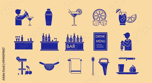 Bar Icons: Bartender, Drinks, Shaker, Menu, Bar Tools & More