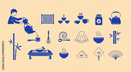 Japanese Tea Ceremony Icons - Blue on Beige Background