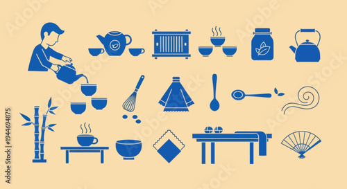 Japanese Tea Ceremony Icons: Matcha Preparation and Elements