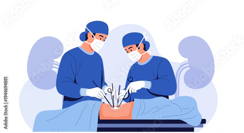 Surgeons Performing Kidney Transplant Operation in Modern Operating Room