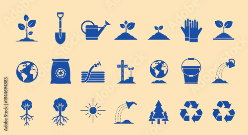 Gardening and Ecology Icons: Planting, Watering, Growth, and Recycling Symbols