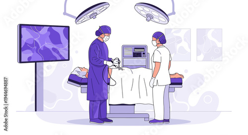 Surgeons Performing Laparoscopic Surgery with Advanced Medical Equipment in Operating Room