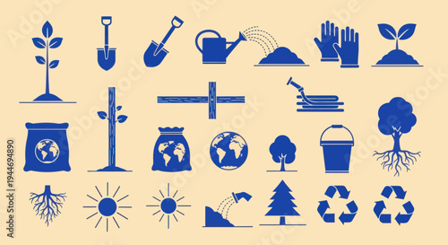 Gardening and Agriculture Icons: Planting, Watering, Tools, Earth, Recycling