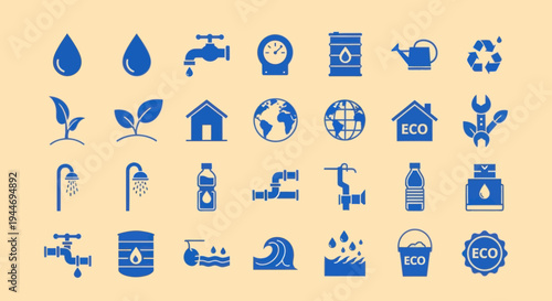Eco Icons: Water, Energy, Recycling, Plumbing, Nature, and Sustainability Icons