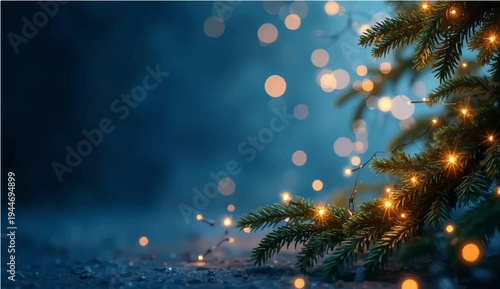 Celebrate the winter holiday season with a festive green fir Christmas tree decorated with glowing lights, gold ornaments, and a red star on a pine branch background for a merry New Year