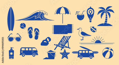 Summer Beach Vacation Icons: Surfboard, Palm Tree, Van, Umbrella, Sunglasses, Starfish