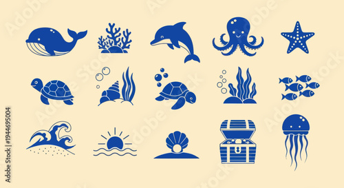 Ocean Life Icons: Whale, Dolphin, Octopus, Turtle, Fish, Jellyfish, Treasure Chest