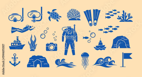 Oceanography and Diving Icons Set: Scuba diver, turtle, fish, coral, boat, anchor