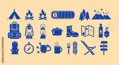Camping and Hiking Icons Set: Tent, Backpack, Fire, Lantern, Map, Boots
