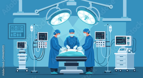 Surgeons Performing Operation in Modern Operating Room with Advanced Medical Equipment
