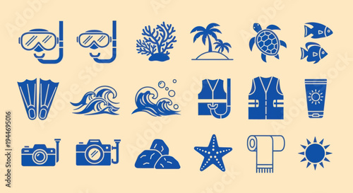 Summer Vacation Icons: Snorkeling, Beach, Ocean Life, and Travel Essentials